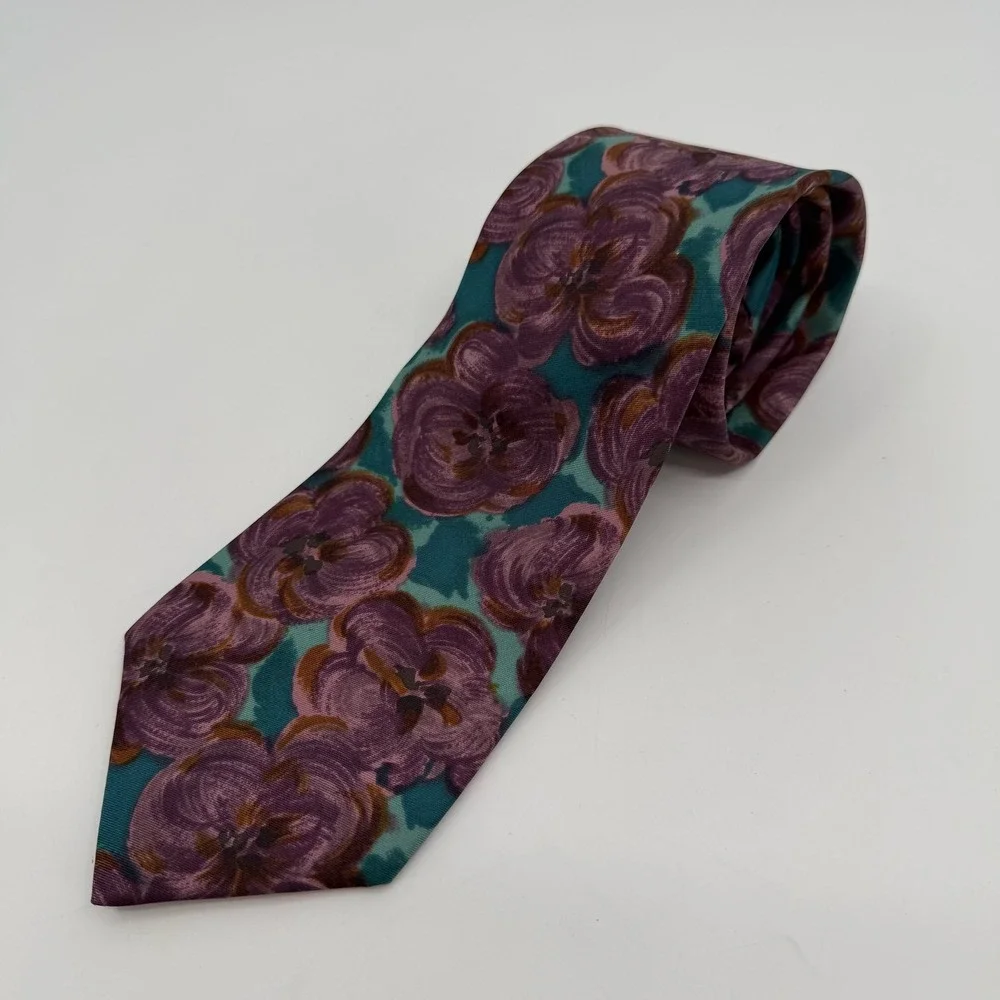 Geoffrey Beene Tie Mens Purple Teal Floral Italian Fabric Made USA Necktie